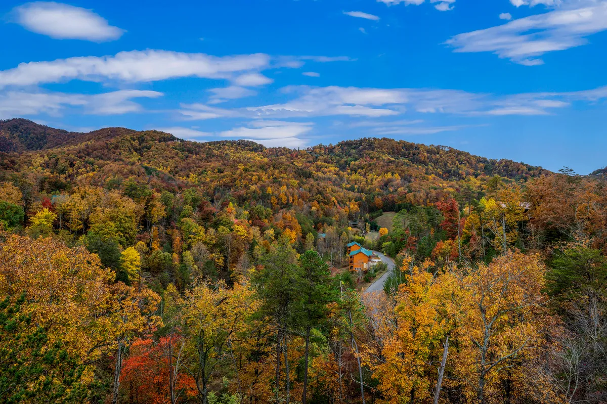 A rustic cabin nestled among vibrant autumn trees, with a winding road leading into the picturesque Smoky Mountain landscape. The scene radiates tranquility and adventure, highlighting hiking and nature exploration opportunities just steps away.